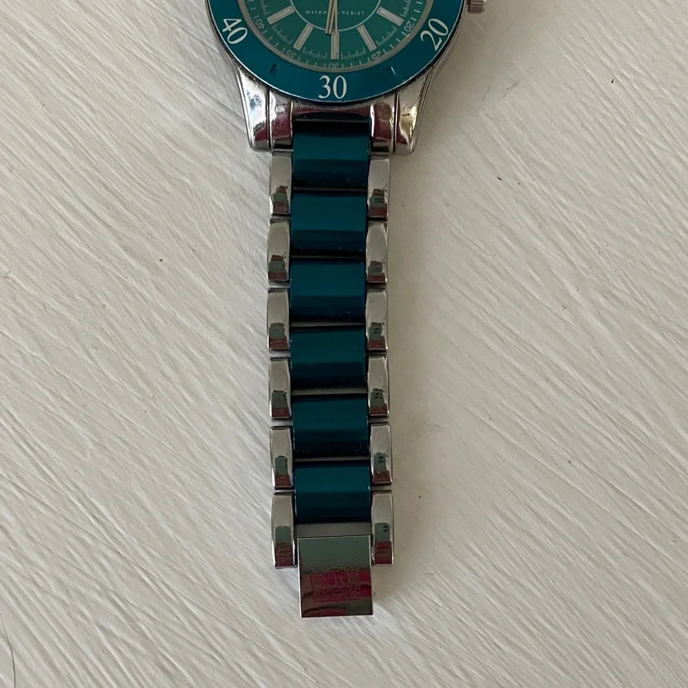 Anne Klein Teal Blue Dial & Enamel Link Silver Tone Sport Bracelet Watch